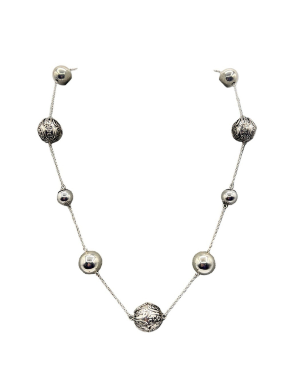 Silver Plated Mix Size Mirrored Ball Bead Chain Necklace 11” Vintage